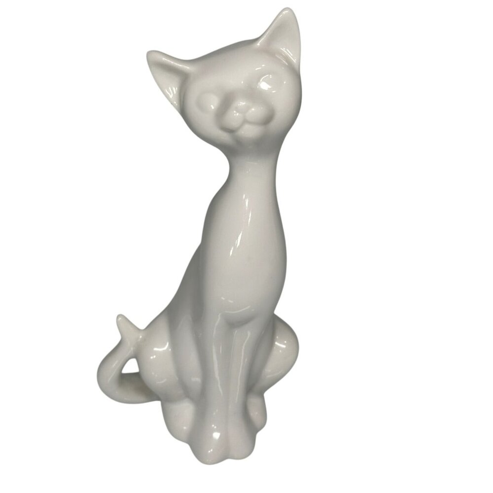 Vintage OMC Siamese Cat Figurine Japan Porcelain White Mid Century Modern 7 1/2"